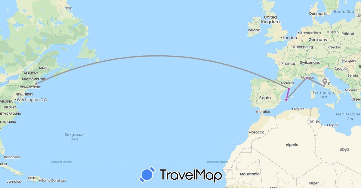 TravelMap itinerary: driving, plane, train in Spain, France, Italy, United States (Europe, North America)